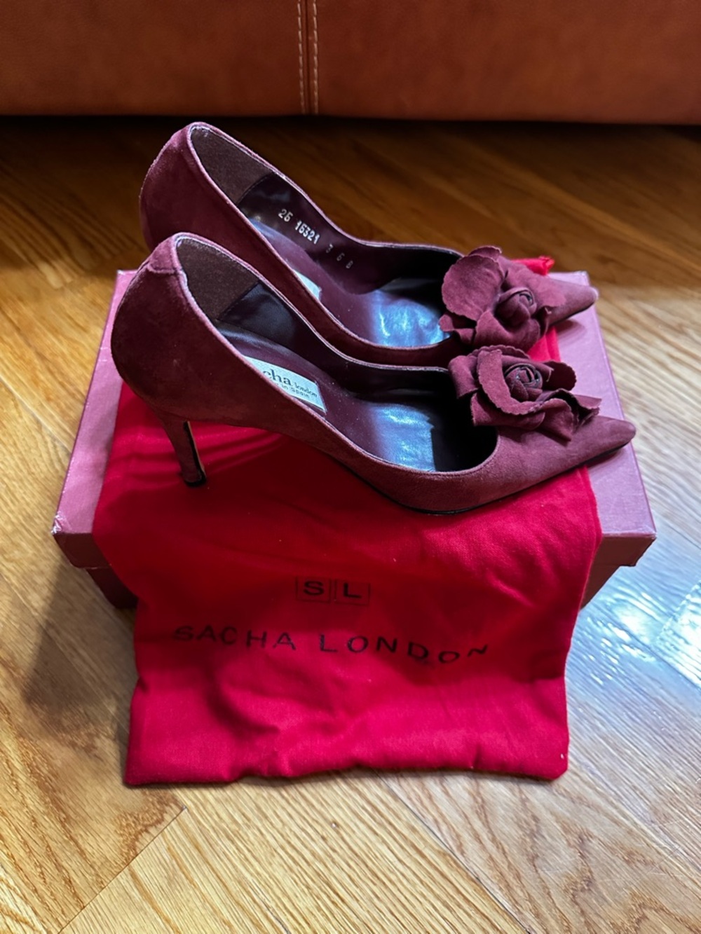 Sacha London Burgundy Suede Pointed Toe Heels with Floral Rosette Size 6